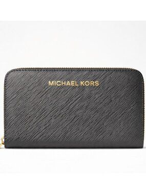 Michael Kors Jet Set Zip Around Wallet Small Saffiano Leather NWT Gold Logo